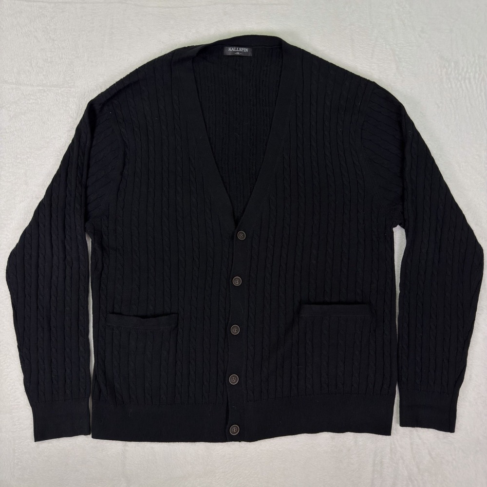 Kallspin Cardigan Sweater Men XXL Black Cable Knit Wool Cashmere Blend Button Up